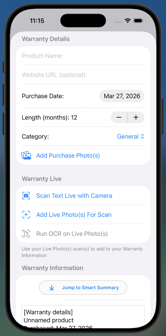 SmartWarrantyApp warranty preview screenshot
